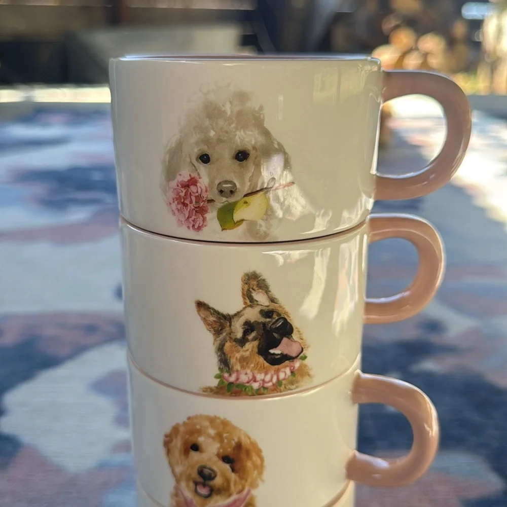 Pier 1 Dolomite Set of 4 Floral Dog Stacking Mugs